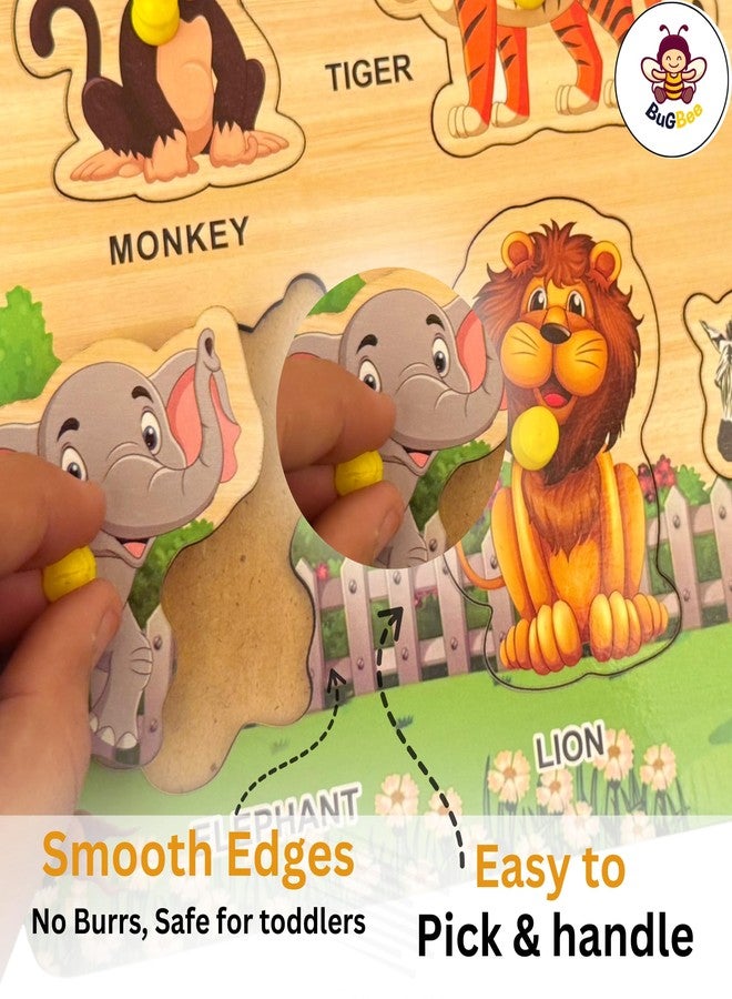 BuGBee Wooden Wild Animals Peg Puzzle for Kids | Animal Learning Board with Easy Grip Knobs | Educational Wooden Puzzle Toy for Toddlers 2 3 4 5+ Years - Image 4